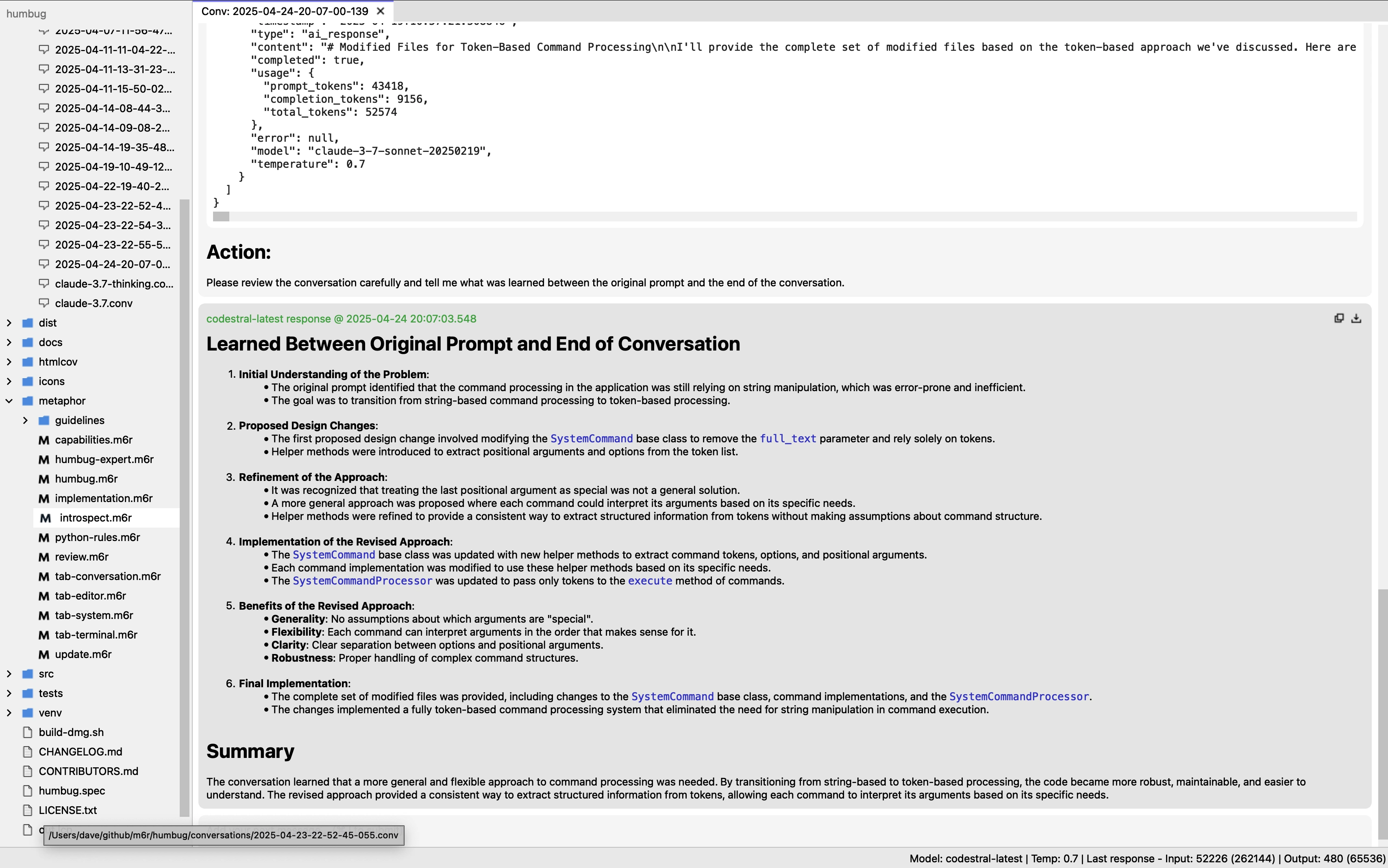Screenshot of codestral reviewing a Metaphor conversation