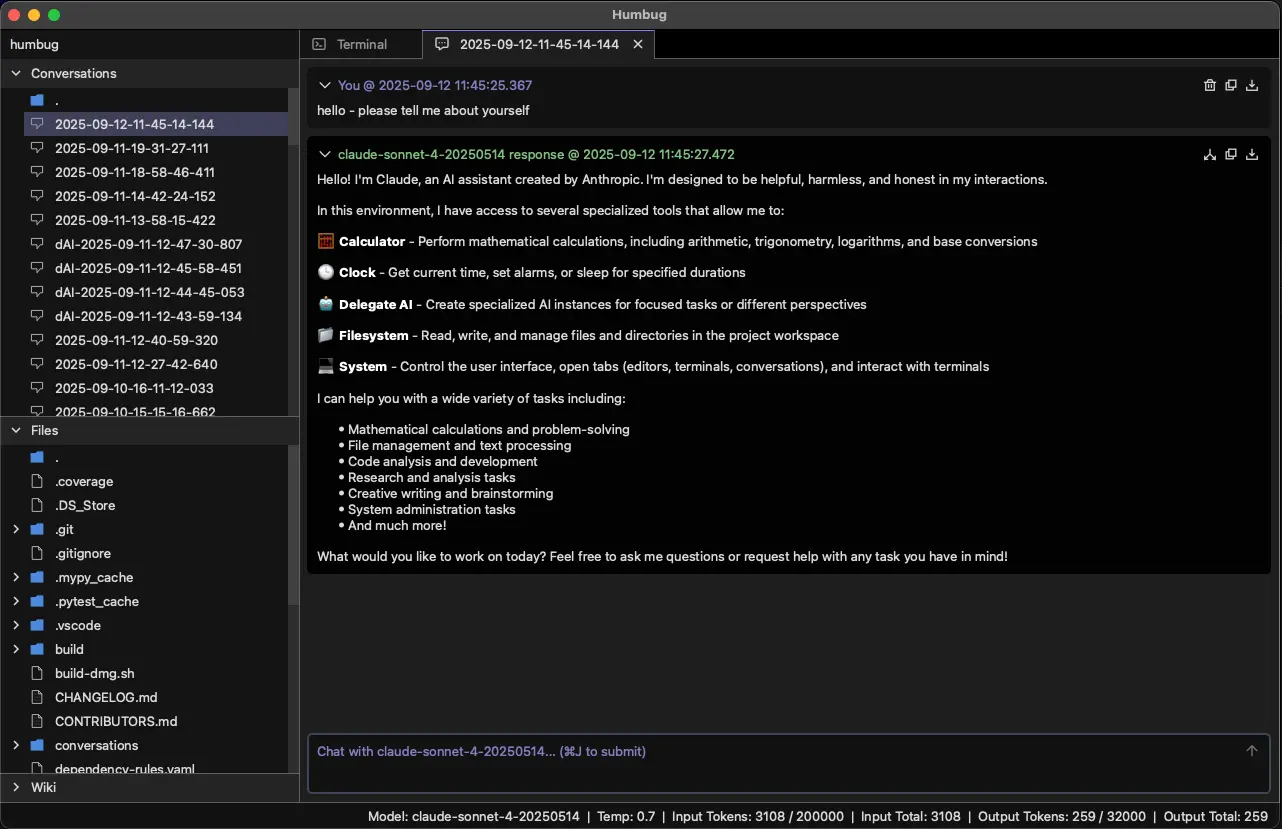 Example of a Humbug conversation showing an AI chat interface