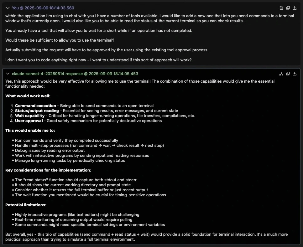 Screenshot showing the start of the conversation with Claude about designing the agentic terminal