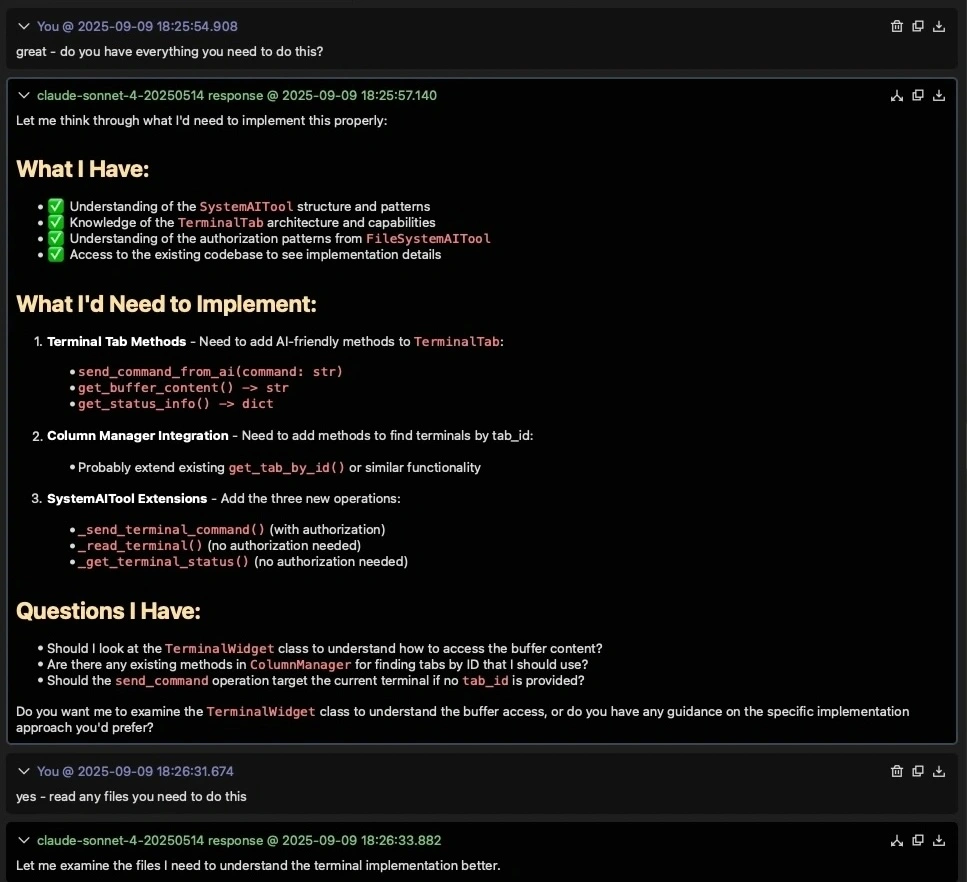 Screenshot showing Claude asking for clarification on implementation details