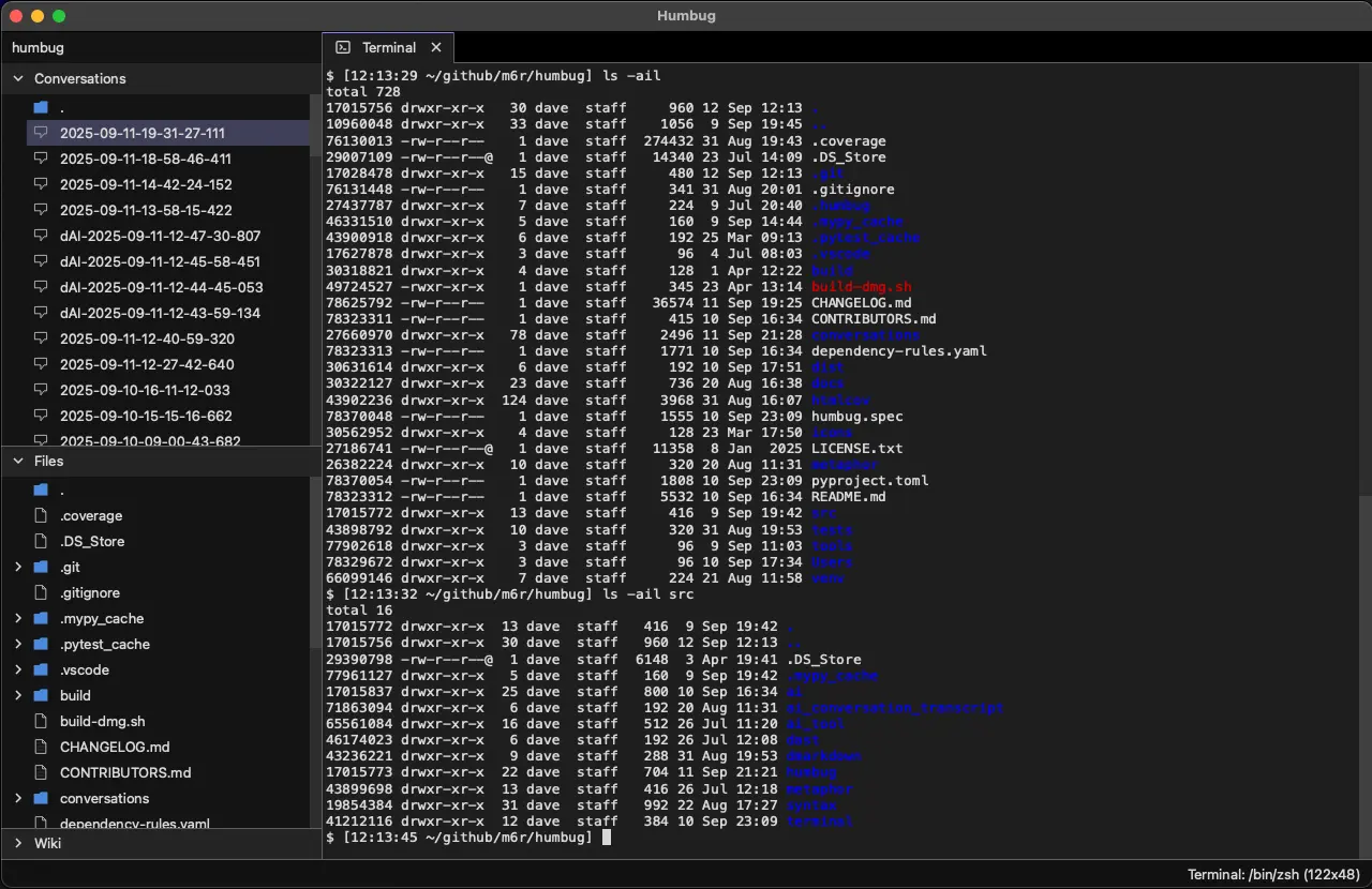 Example of a Humbug terminal showing a command line interface