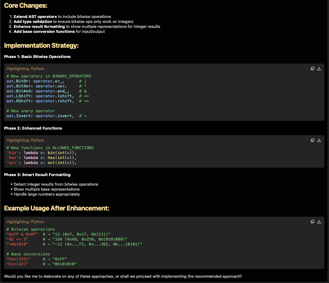Calculator design discussion showing LLM suggesting multiple outputs
