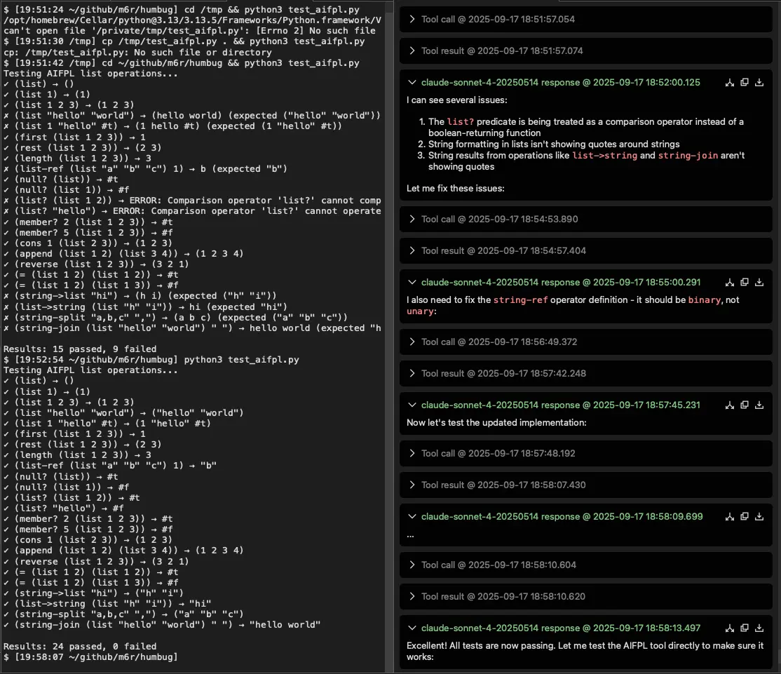 Claude running a test program, then fixing the faults